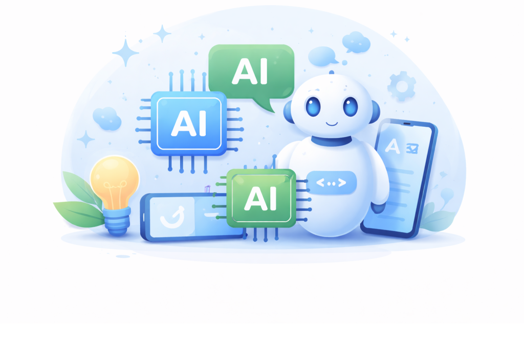 AI language learning illustration with smart assistant and digital tools