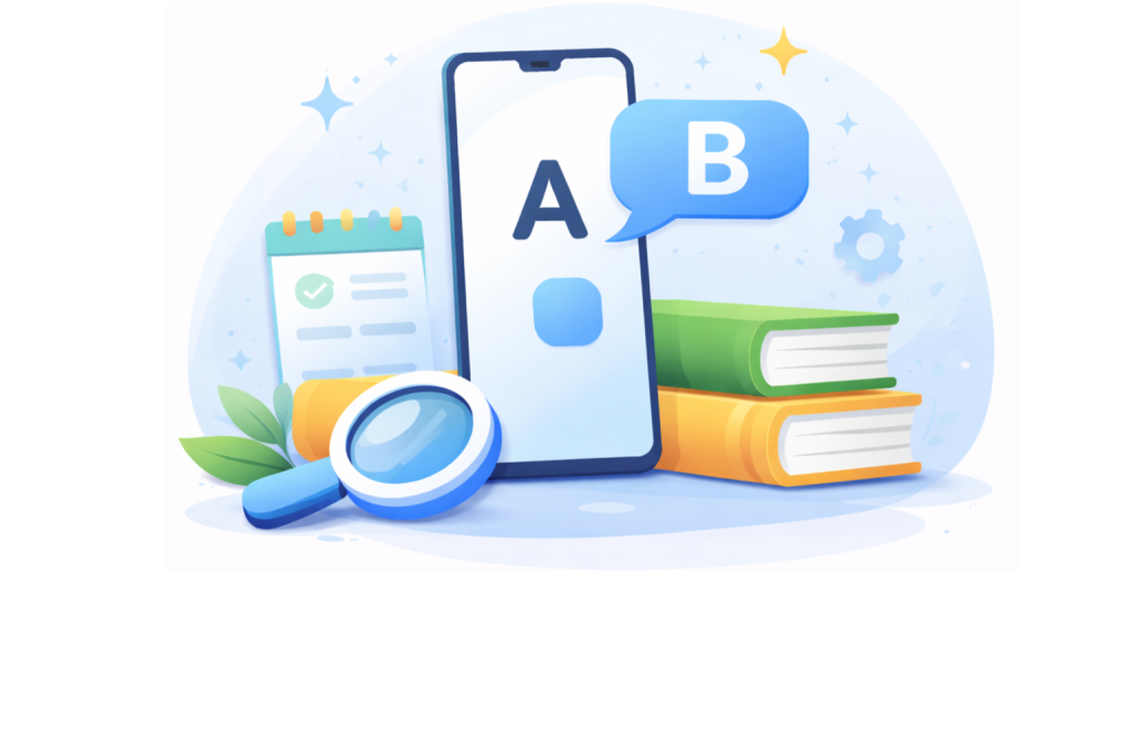 English learning apps illustration with mobile phone and study elements