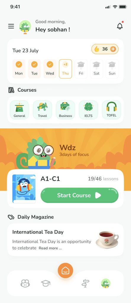lingua app homepage interface for language learning
