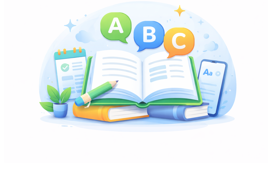 Vocabulary learning illustration with books, letters, and study tools